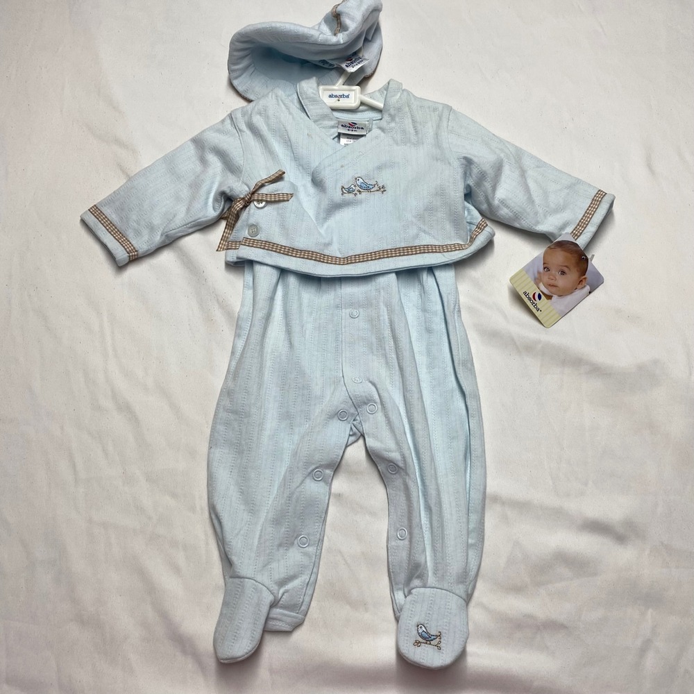 Absorba Baby Boy 3pc Set Blue Pointelle Romper Jacket Bonnet 0-3M